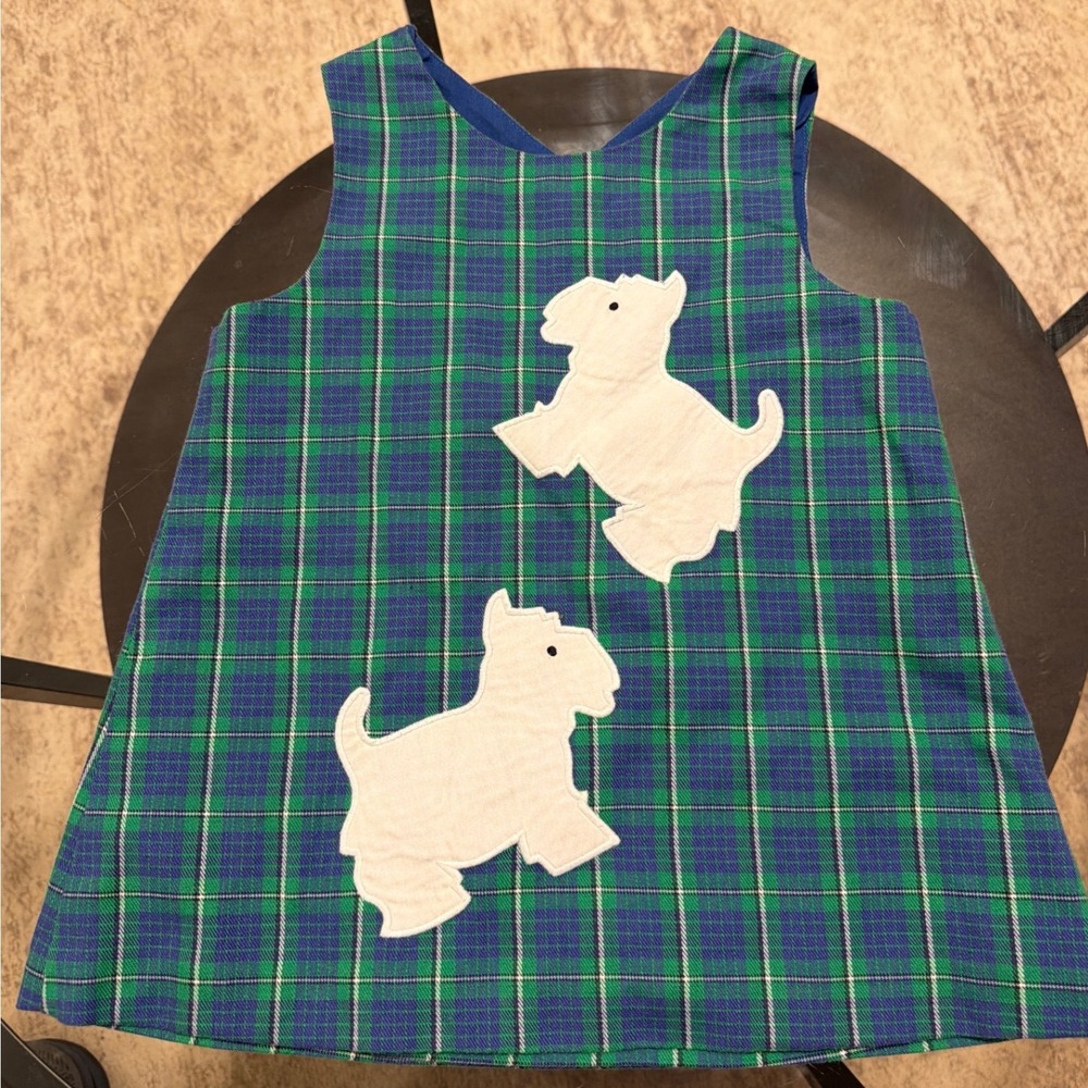 Vintage Kellys Kids Green Blue Plaid Scottie Dog Jumper Dress 18M RN 88899